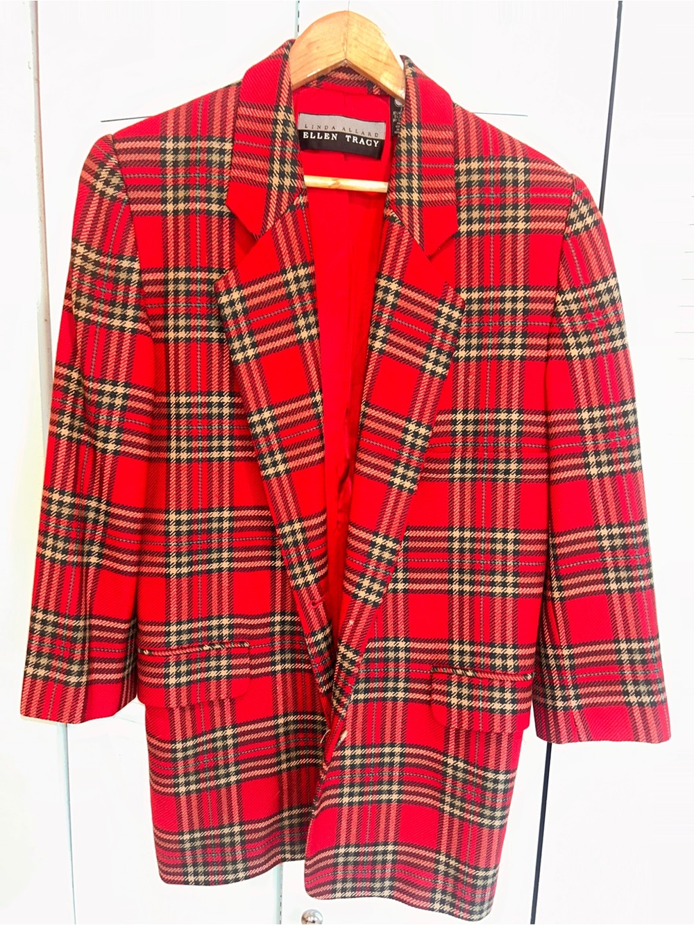 Vintage Linda Allard for Ellen Tracy Red Plaid Wool/Cashmere Blazer Sz 2